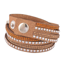 Load image into Gallery viewer, Gold and Light Gold Crystals on Tan Double Wrap Bracelet