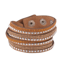 Load image into Gallery viewer, Gold and Light Gold Crystals on Tan Double Wrap Bracelet