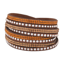 Load image into Gallery viewer, Gold and Light Gold Crystals on Dark Brown Double Wrap Bracelet
