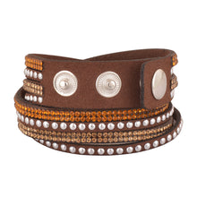 Load image into Gallery viewer, Gold and Light Gold Crystals on Dark Brown Double Wrap Bracelet
