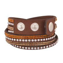 Load image into Gallery viewer, Gold and Light Gold Crystals on Dark Brown Double Wrap Bracelet