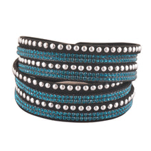 Load image into Gallery viewer, Teal Crystals on Black Double Wrap Bracelet