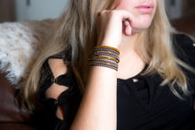 Load image into Gallery viewer, Gold and Light Gold Crystals on Dark Brown Double Wrap Bracelet
