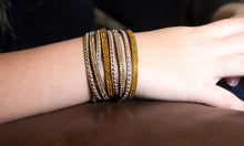 Load image into Gallery viewer, Gold and Light Gold Crystals on Tan Double Wrap Bracelet
