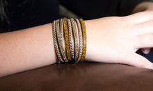 Load image into Gallery viewer, Gold and Light Gold Crystals on Tan Double Wrap Bracelet