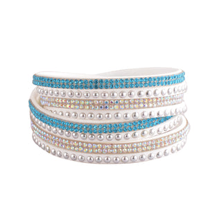 Teal and Aurora Borealis Crystals on White Double Wrap Bracelet
