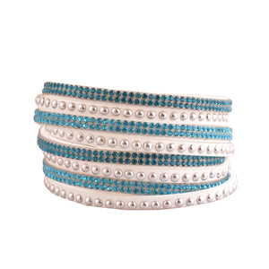 Teal and Aquamarine Crystals on White Double Wrap Bracelet