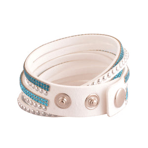 Teal and Aquamarine Crystals on White Double Wrap Bracelet