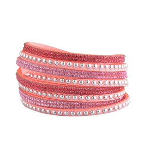 Pink and Hot Pink Crystals on Pink Double Wrap Bracelet