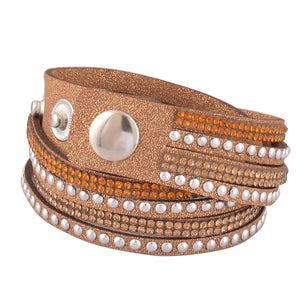Gold and Light Gold Crystals on Tan Double Wrap Bracelet