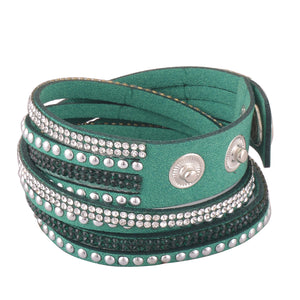 Clear and Dark Green Crystals on Green Double Wrap Bracelet