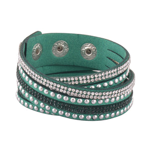 Clear and Dark Green Crystals on Green Double Wrap Bracelet