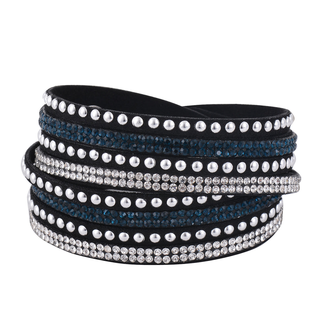 Clear and Dark Blue Crystals on Black Double Wrap Bracelet