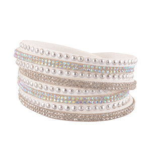 Clear and Aurora Borealis Crystals on White Double Wrap Bracelet