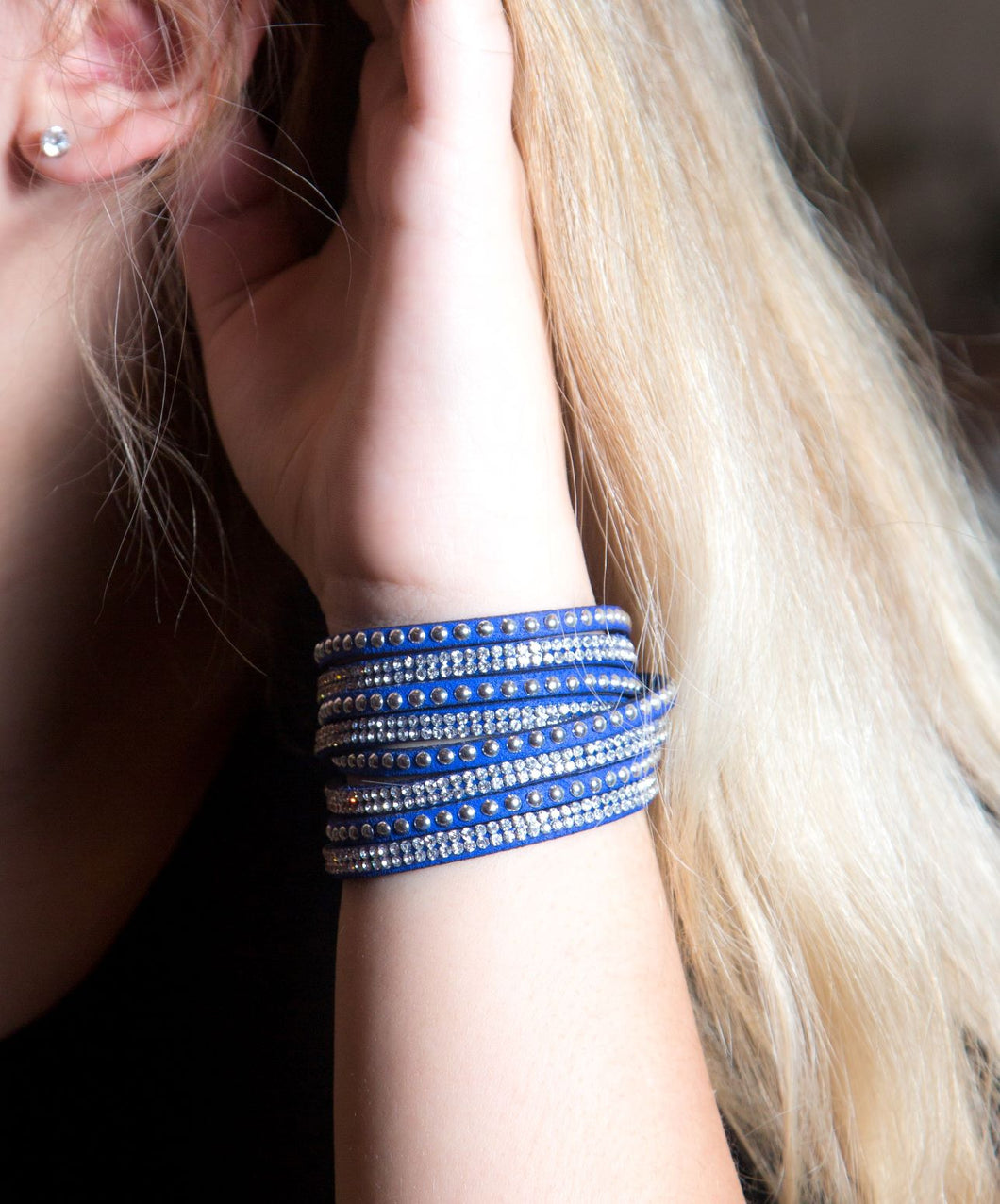 Clear Crystals on Blue Double Wrap Bracelet